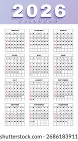 Vector 2026 Año Calendario Plantilla Imprimible