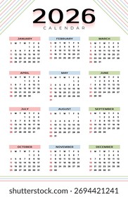 Vector 2026 Año Calendario Plantilla Imprimible