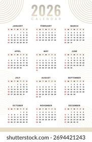 Vector 2026 Year Calendar Printable Template