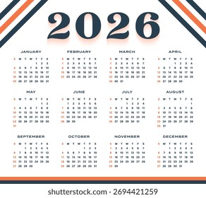 Modelo Imprimível do Calendário de 2026 do Vetor