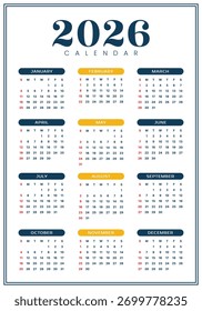 Vector 2026 Año Calendario Plantilla Imprimible