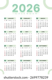 Vector 2026 Año Calendario Plantilla Imprimible