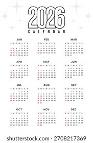 Vector 2026 Año Calendario Plantilla Imprimible