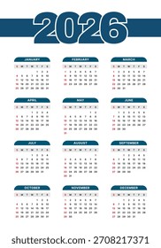 Vector 2026 Año Calendario Plantilla Imprimible