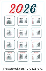 Vector 2026 Año Calendario Plantilla Imprimible