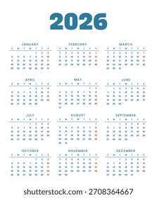 Vector 2026 Year Calendar Printable Template.
Happy New Year Calendar. 2026 Calendar