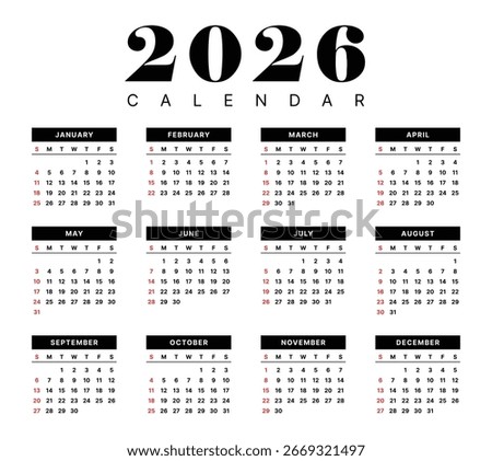 Vector 2026 Year Calendar Printable Template