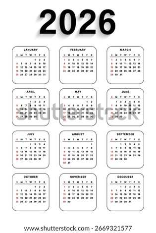 Vector 2026 Year Calendar Printable Template