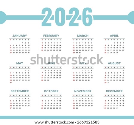 Vector 2026 Year Calendar Printable Template