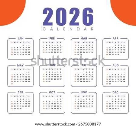 Vector 2026 Year Calendar Printable Template