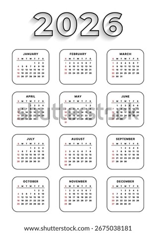 Vector 2026 Year Calendar Printable Template