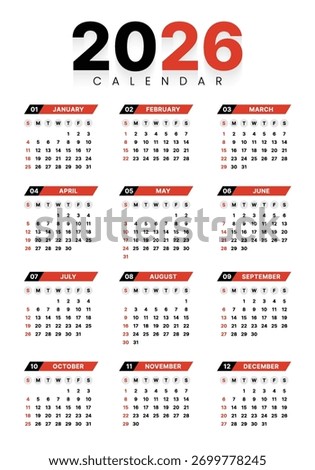 Vector 2026 Year Calendar Printable Template