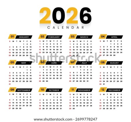 Vector 2026 Year Calendar Printable Template