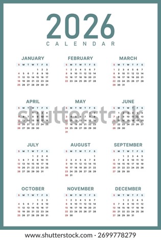 Vector 2026 Year Calendar Printable Template