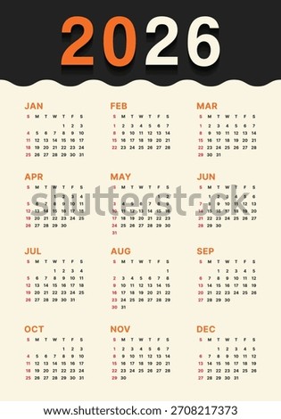 Vector 2026 Year Calendar Printable Template