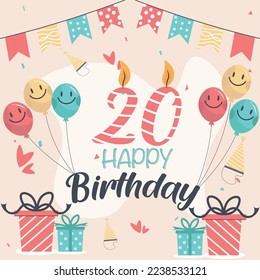 Vector 20th happy birthday vector design for greeting cards and poster with balloon and gift box design.
