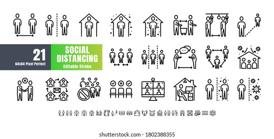 Vector of 21 Social Distancing, Coronavirus Covid-19 Line Outline Icons. Stay Home, Work from Home. 64x64 Pixel Perfect Editable Stroke.