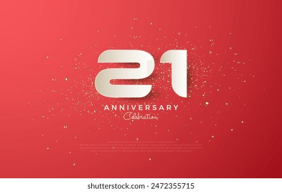 Vector 21st anniversary design. With clean white numbers on a red background. Decorated with luxurious and charming gold glittering.