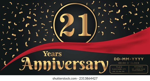 Vector 21st years anniversary celebration on dark background with golden numbers and confetti design