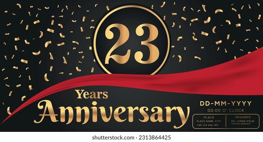 Vector 23rd years anniversary celebration on dark background with golden numbers and confetti design