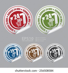 Vector : 24 7 365 Service 24 HRS Shopping Center or E-Commerce Service Sticker, Icon or Label 