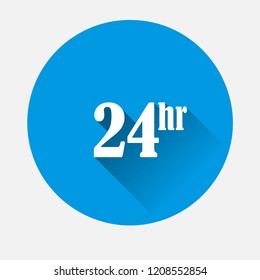 Vector  24 hour icon on blue background. Flat image time of clock with long shadow.  Layers grouped for easy editing illustration. For your design.