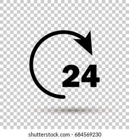 Vector 24 hours icon. Vector circle with an arrow showing non-stop work for 24 hours. Open around the clock hours a day.