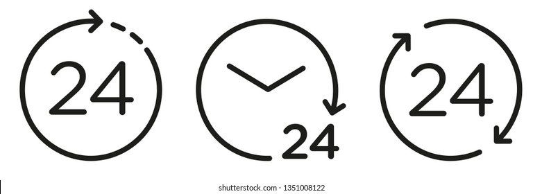 Vector 24 hours icons set. Support 24 hours a day. Round the clock on white isolated background
