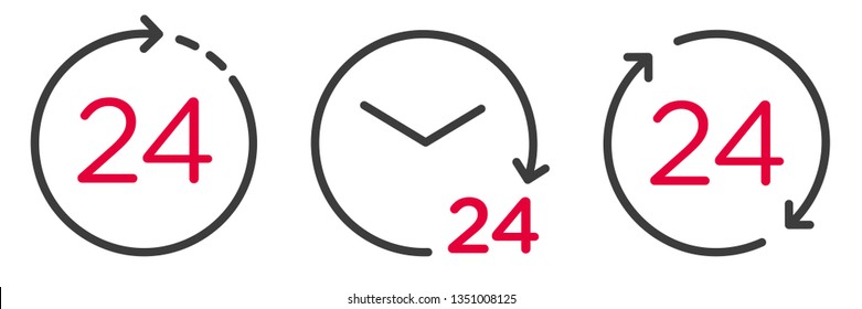 Vector 24 hours icons set. Support 24 hours a day. Round the clock on white isolated background