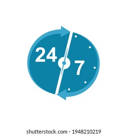 Signo vector 24-7 aislado en fondo blanco, color azul, siempre abierto, símbolo de reloj redondo.