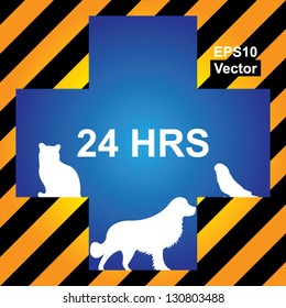 Vector : 24HRS Veterinary Care, Pet Hospital or Pet First Aid Sign Present By Blue Cross With Cat, Dog and Bird Sign Inside in Caution Zone Dark and Yellow Background