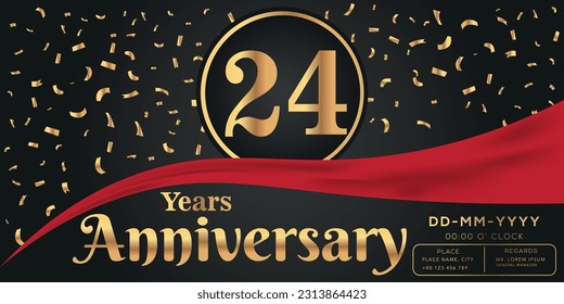 Celebración del 24º aniversario del vector sobre fondo oscuro con números dorados y diseño de confeti