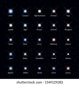 Vector of 25 the most brightly stars on the sky Sirius, Canopus, Rigil Kentaurus, Arcturus, Vega, Capella, Rigel, Procyon, Achernar, Betelgeuse, Hadar, Altair, Acrux, Aldebaran, Antares, Spica, Pollux