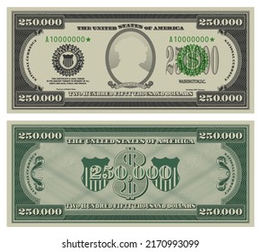 Billete de 250 000 dólares con vectores. Dinero inverso gris y verde inverso ficticio de papel estadounidense al estilo del efectivo vintage norteamericano. Marco con malla guilloche y sellos de banco. Martin Van Buren