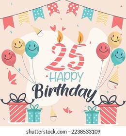 Vector 25th happy birthday vector design for greeting cards and poster with balloon and gift box design.
