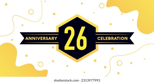 Vector 26 years anniversary logo vector design with yellow geometric shape with black on white background