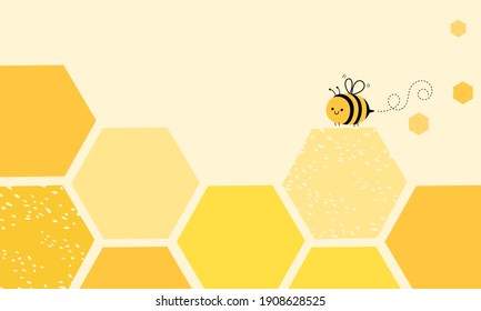 Honey​comb​ with​ hexagon​ grid​ cell​s​ and​ bee​ cartoon​ on​ yellow​  background​ vector.