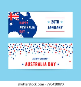 Vector 26th of January Happy Australia Day banners with silhouette map, flag and confetti
