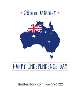 Vector 26th of January Happy Independence Day of Australia card. Contour map of the country with flag.