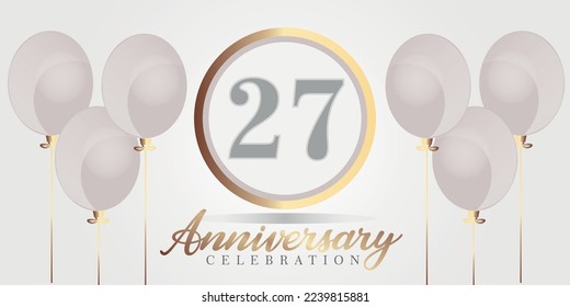 Vector 27th year anniversary celebration background. gray and gold color numbers and text with balloons.

