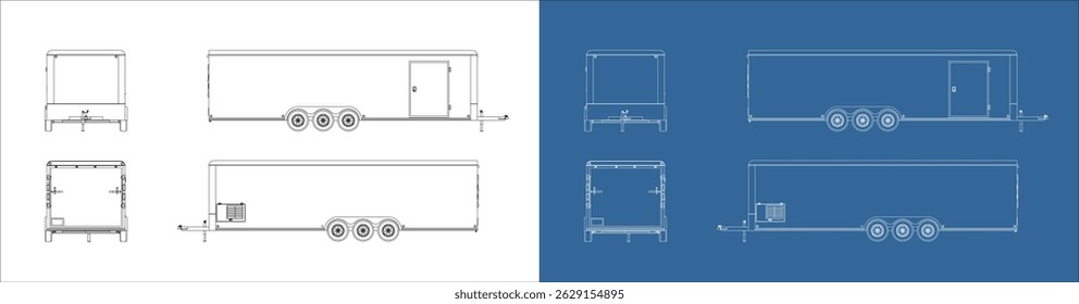vector 28' trailer line art draw 8.5x28 feet blueprint wireframe from all view front side back isolated in transparent background