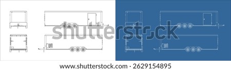 vector 28' trailer line art draw 8.5x28 feet blueprint wireframe from all view front side back isolated in transparent background