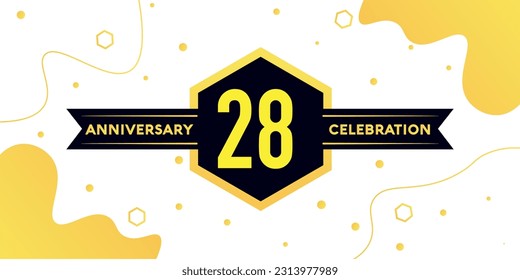 Vector 28 years anniversary logo vector design with yellow geometric shape with black on white background