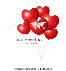 Vector 29 september world heart day concept design of red balloon and world map on white background