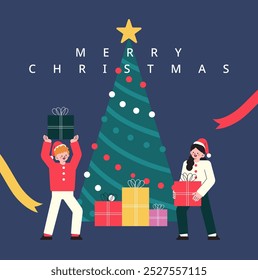 vector 2d character man and woman holding gift box stand around christmas tree, christmas and new year party concept