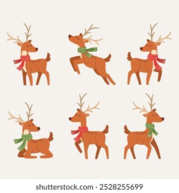vector 2d character reindeer action set, christmas and new year concept