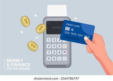 vector 2d hand holding credit card while touching credit card reader for payment,money and finance concept, flat vector design