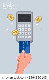 vector 2d hand holding credit card for payment by credit card reader,money and finance concept, flat vector design