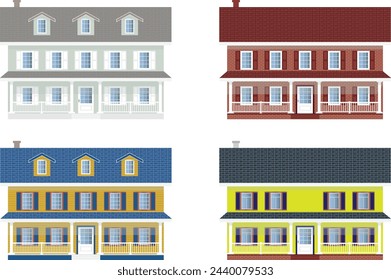 Vector. 2d house elevations shown as painted, vinyl siding house and red brick house. Shows an attic with a dormer windows. Exterior house design.