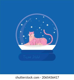 Ilustración vectorial 2D con un tigre como símbolo del nuevo año en un globo de nieve